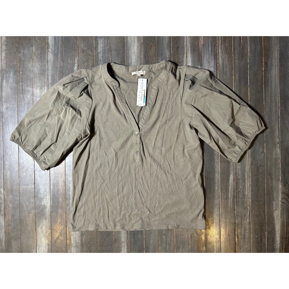 Madewell Womens Puff Sleeve Henley Top Olive Green Ribbed Knit Blouse NEW